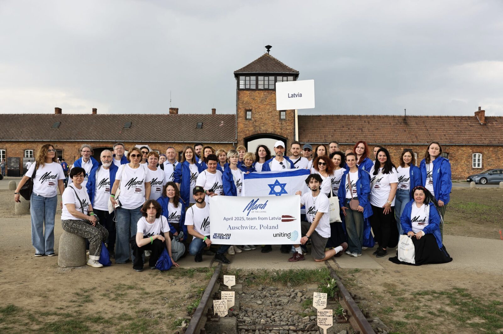 Latvian March of the Living delegation marching at Auschwitz, April 2025
