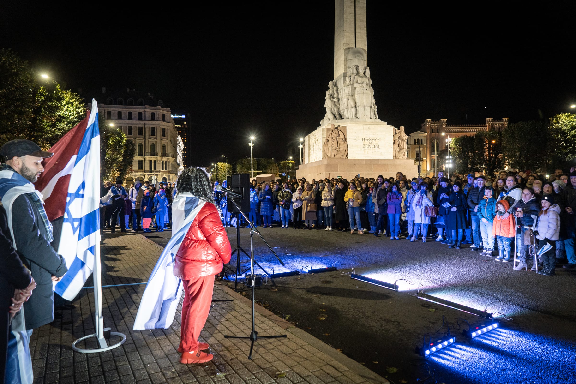 Speaker at a We Stand With Israel rally at the Freedom Monument, Riga